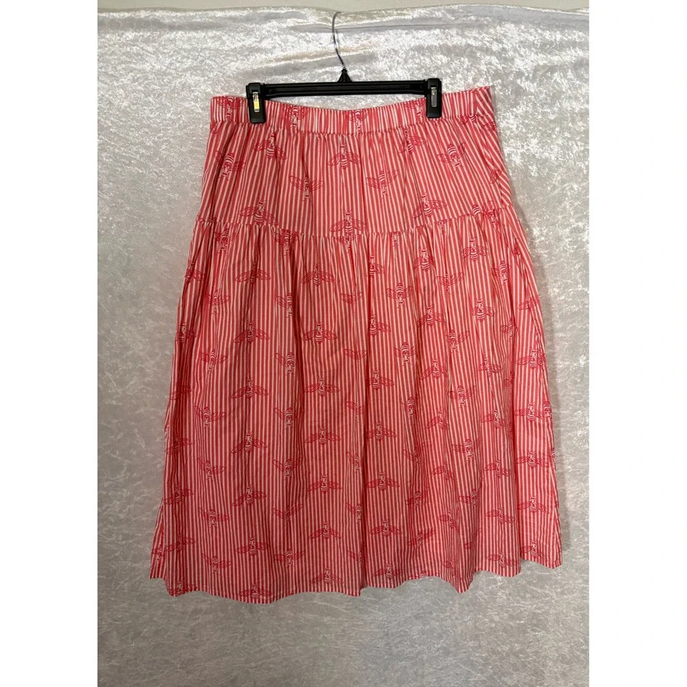 Red‎ White Striped Bee Print Button Front Tiered Midi Skirt Womens